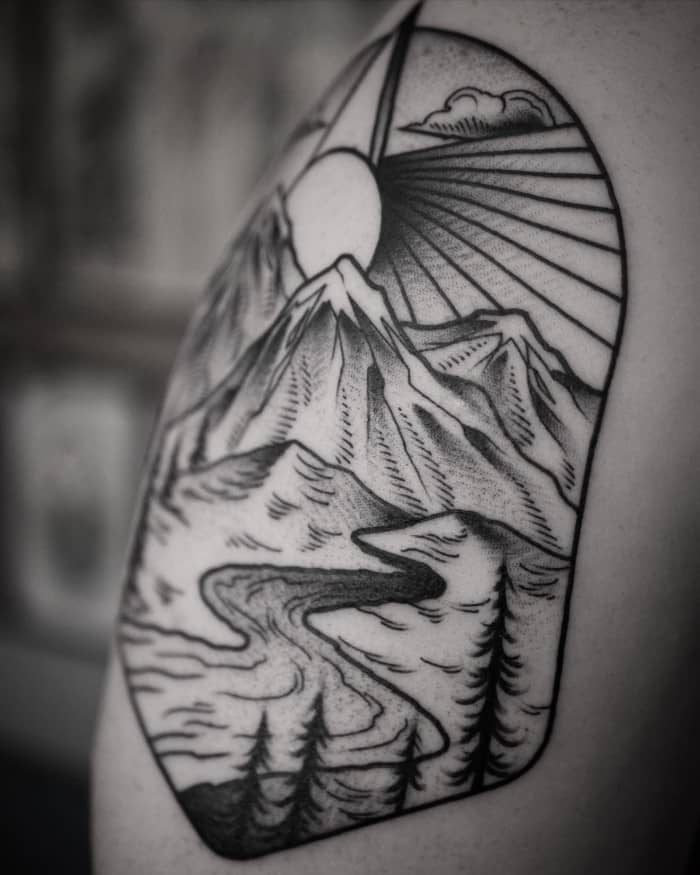 Dotwork Mountain Lake Tattoo Design – Tattoos Wizard Designs