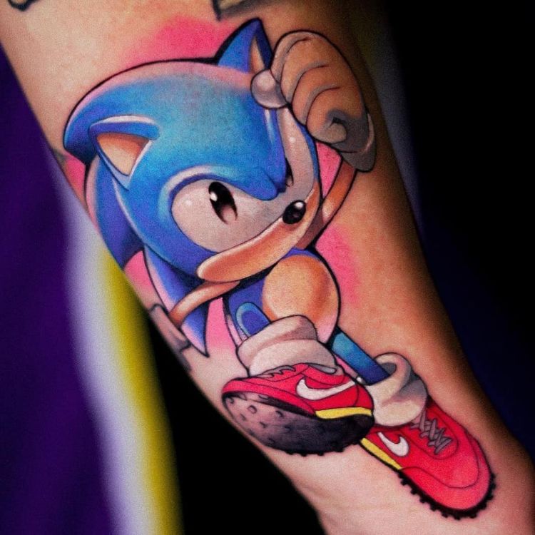 Colorful Sonic Tattoo by @steven_compton
