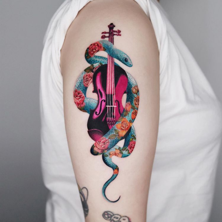 Colorful Violin Tattoo by @jooa_tattoo