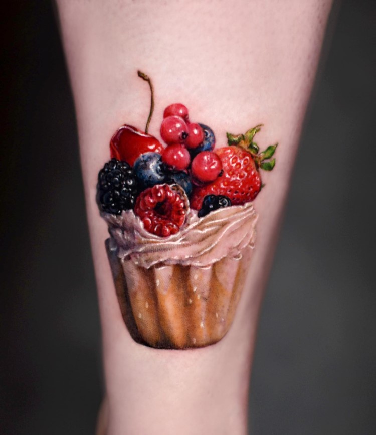 Hyper-Realistic Berry Cupcake Tattoo by @harry_color