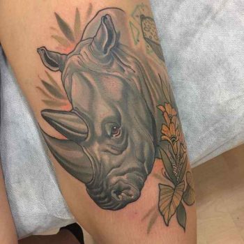 Neo-traditional Rhinoceros Tattoo by @mimi_tattoo