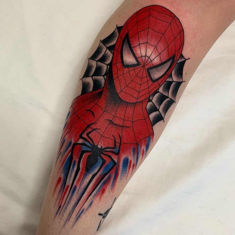 Spiderman face tattoo by @jeremydtattoo