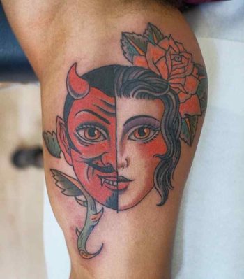 Traditional Style Two Faces Tattoo by @golosotattoo