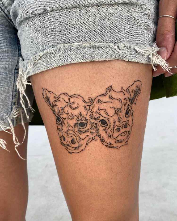 Two-Headed Cow Tattoo On A Thigh by @localbirdmom 