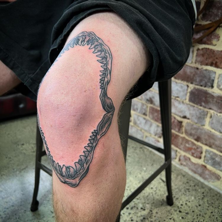 Shark Jaw Tattoo Knee by @adrianobelloti