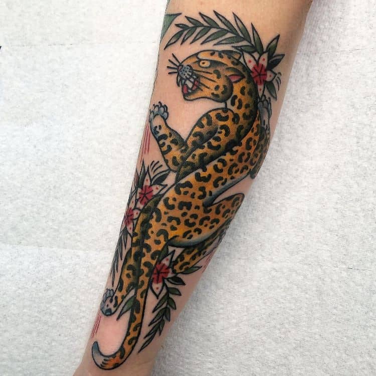 American Traditional Leopard Tattoo by @harringtontattoo