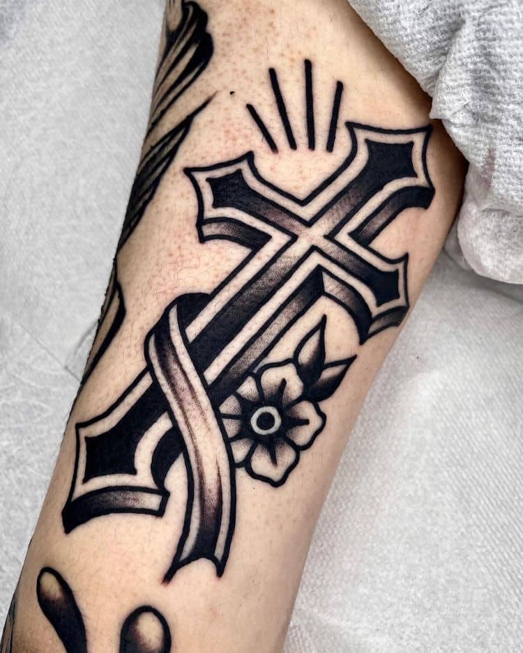 Black And White Cross Tattoo by @sunhan.tattoo