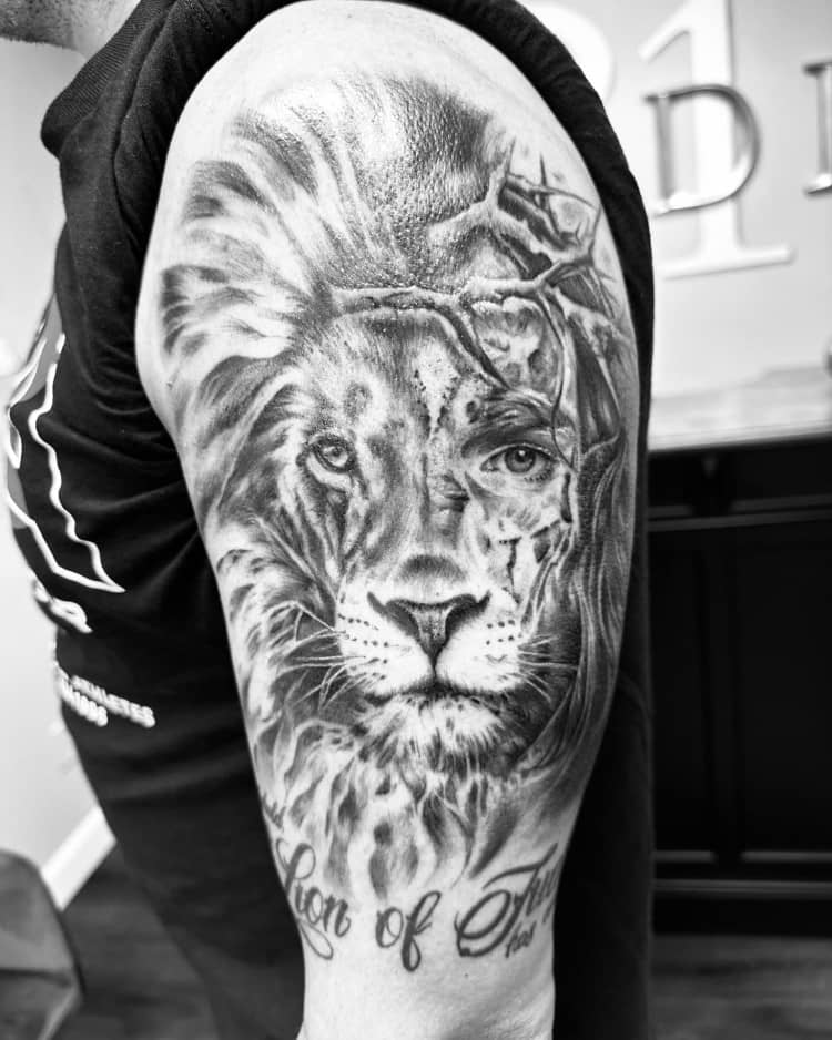 Half Lion Half Jesus Tattoo by @kaseyalexandrashort
