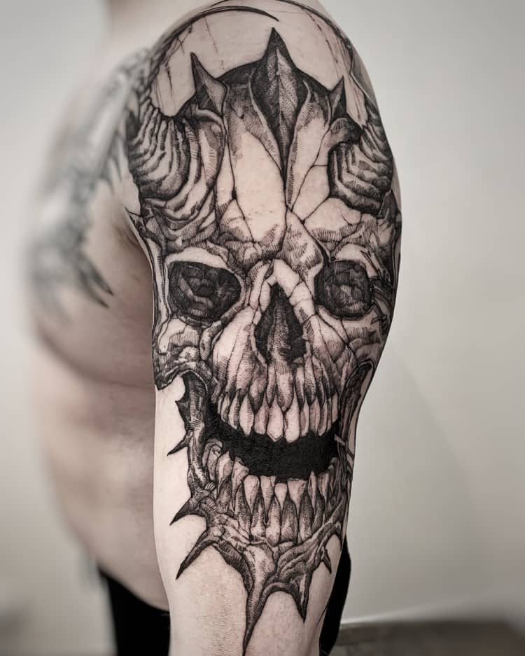 Horned Skull Tattoo by @romo_79