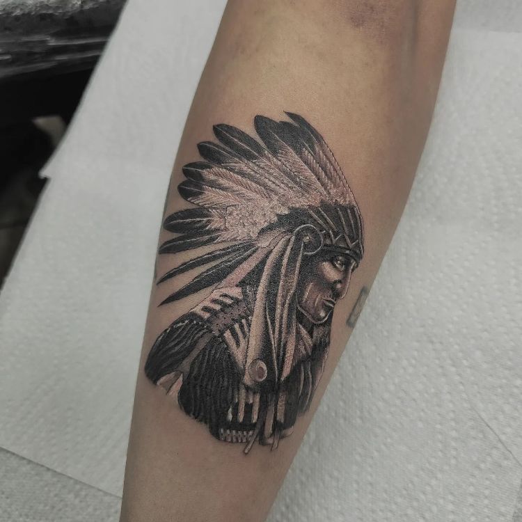 Indian Chief Head Tattoo by @albonoir