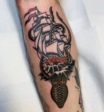 Kraken Attacking Ship Tattoo by @kmacktattoos