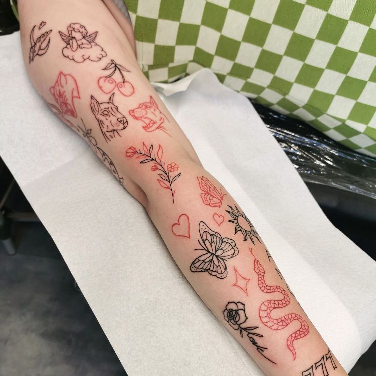 Doodle Sleeve Tattoo by @dixiebluetattoo