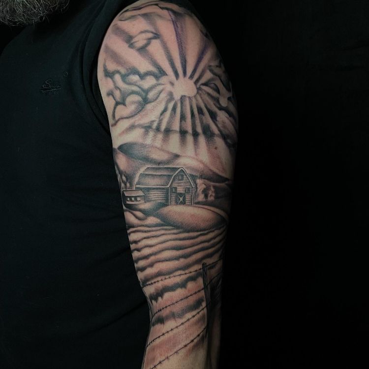 Farm Tattoo Sleeve by @tattood_by_kayla