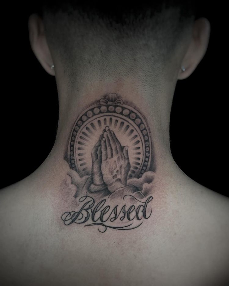 Gangster Prayer Hands Neck Tattoo by @lionel.koolman