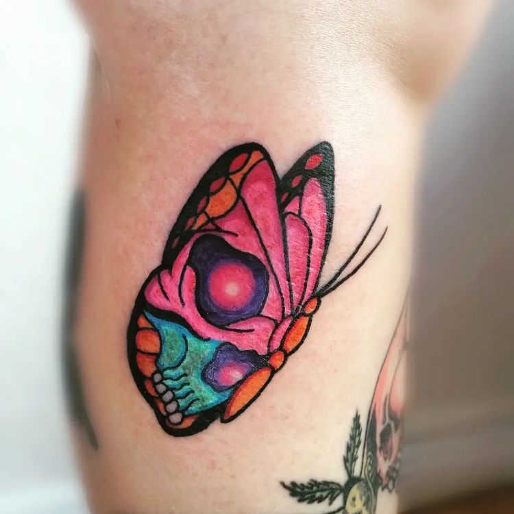 Girly Skull Butterfly Tattoo by @arkhanotattoo