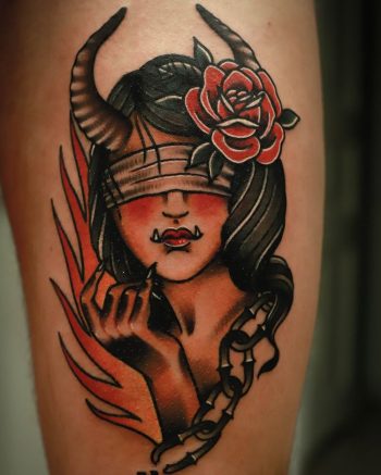 Traditional Demon Lady Tattoo Idea by @filip.memoart