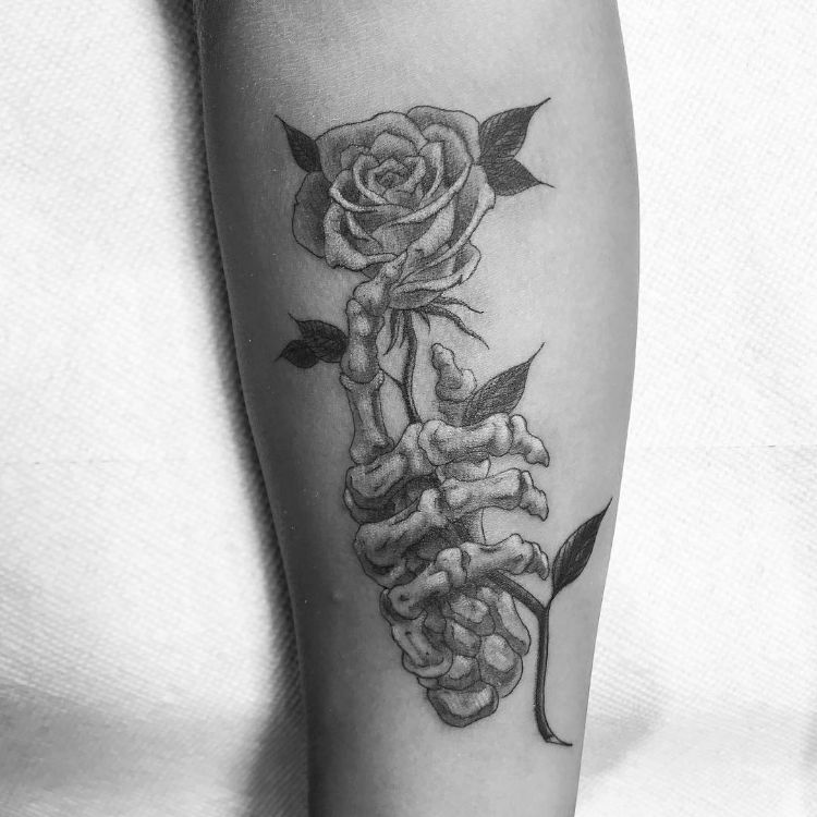 Skeleton Hand Rose Tattoo by @babyfaceoneill