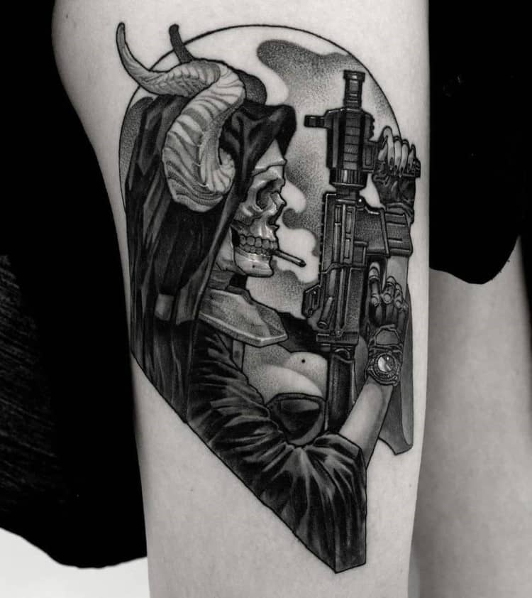 Skull Gun Tattoo by @o_one_art