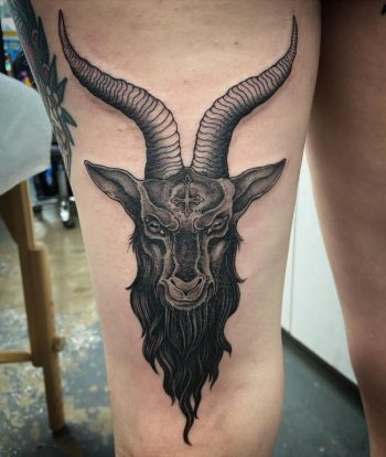 Baphomet Head Tattoo by @kristenpaigetattoo