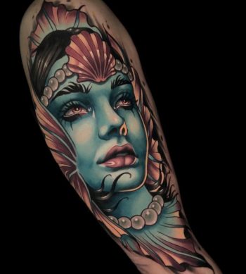Mermaid Face Tattoo by @andreytattooing