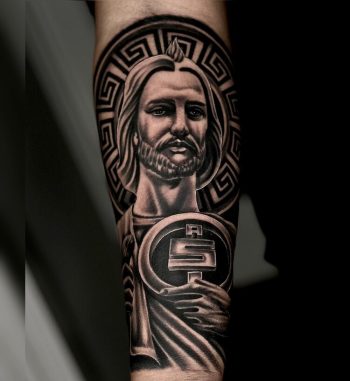 San Judas Tattoo Sleeve by @stevotattoos